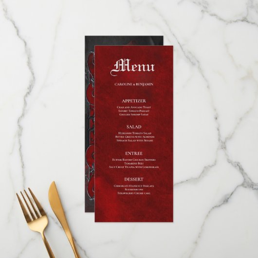 Menu de mariage élégant gothique Halloween (Devant/Arrière en situation)