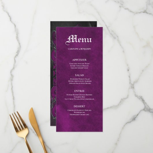 Menu de mariage élégant gothique halloween violet (Devant/Arrière en situation)