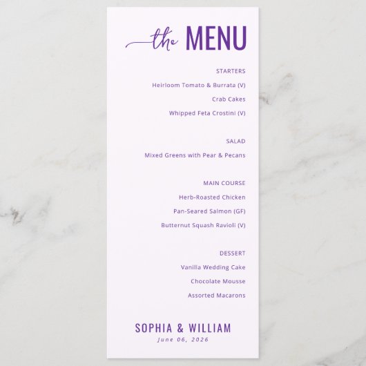 Menu de mariage élégant lavande (Devant)