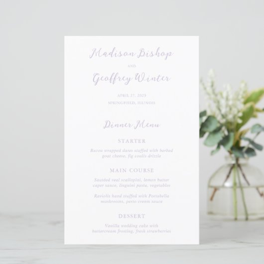 Menu de mariage élégant lilas Script Gras (Debout devant)