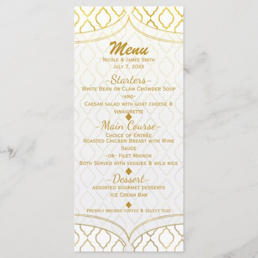Menu de mariage élégant marocain glamour or et bla (Devant)
