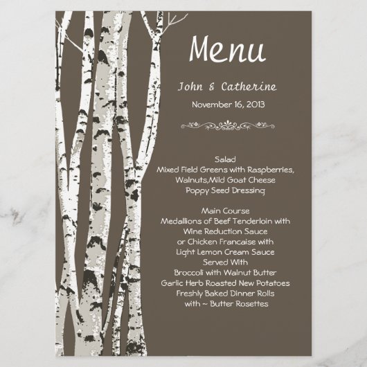 Menu de mariage élégant marron avec des bouleaux (Devant)