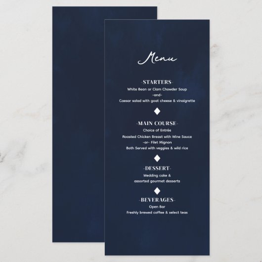 Menu de mariage élégant moderne minimal bleu marin (Devant / Derrière)