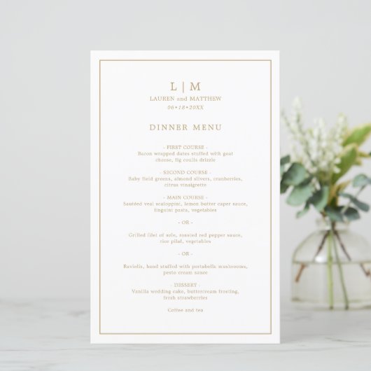 Menu de mariage élégant monogramme or antique simp (Debout devant)