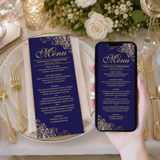 Menu de mariage élégant Navy & Or téléchargeable