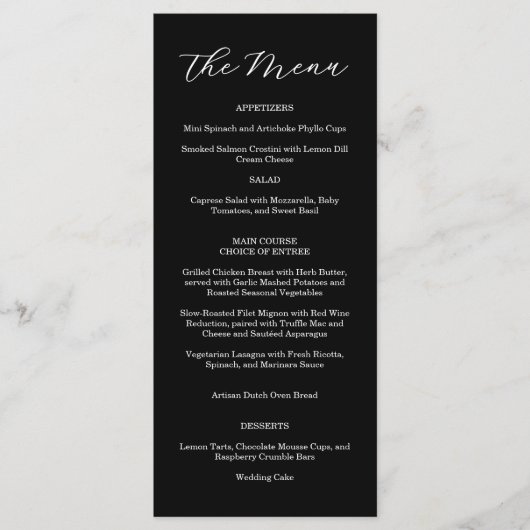 Menu de mariage élégant noir et blanc (Devant)