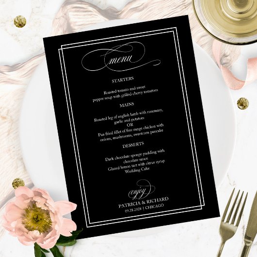 Menu de mariage élégant noir et blanc