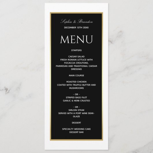 Menu de mariage élégant noir et blanc (Devant)