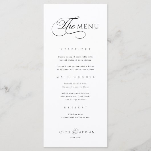 Menu de mariage élégant noir et blanc calligraphié (Devant)