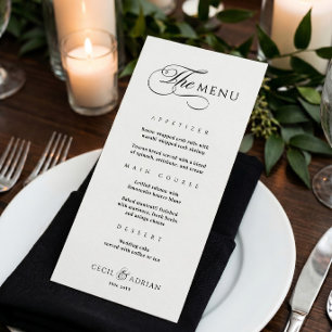 Menu de mariage élégant noir et blanc calligraphiq