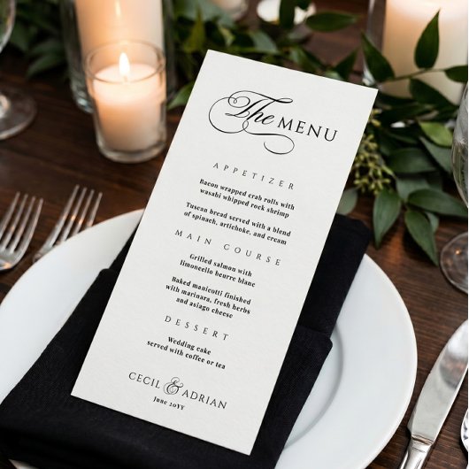 Menu de mariage élégant noir et blanc calligraphiq