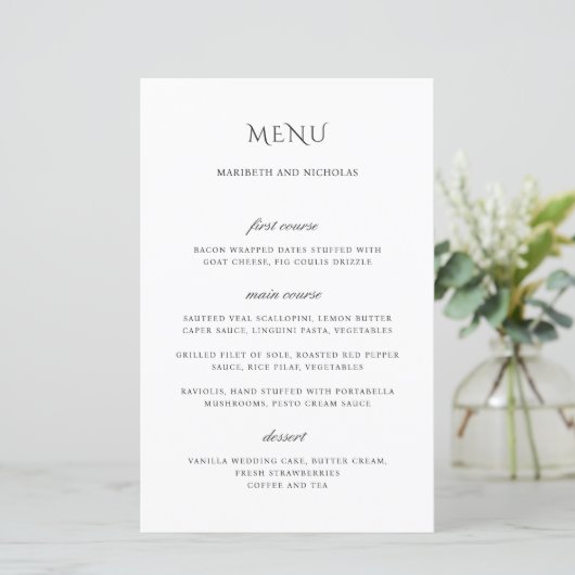 Menu de mariage élégant noir et blanc moderne (Debout devant)