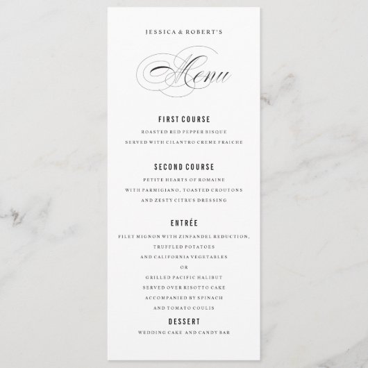 Menu de mariage élégant noir et blanc Script (Devant)