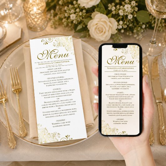 Menu de mariage élégant or et blanc téléchargeable