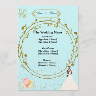 Menu de mariage élégant or géométrique bleu poussi