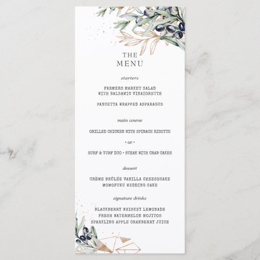 Menu de mariage élégant or vert olive (Devant)