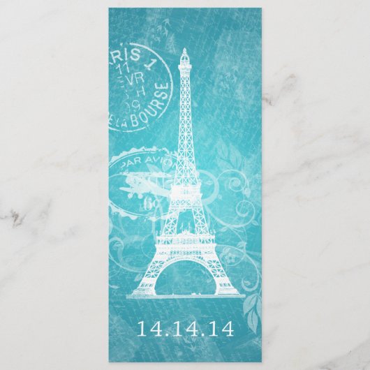 Menu de mariage élégant Paris romantique Bleu (Devant)