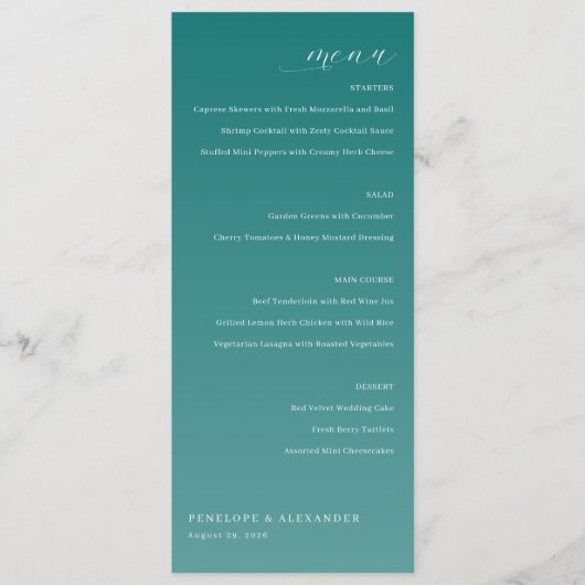 Menu de mariage élégant sarcelle (Devant)