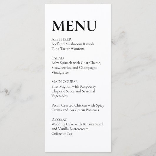 Menu de mariage élégant simple noir et blanc (Devant)