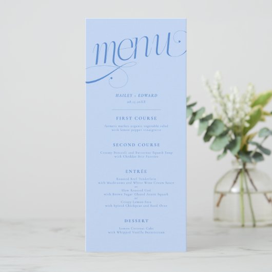 Menu de mariage Elegant Tourbillon Bleu Glacé (Debout devant)