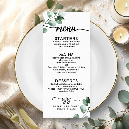 Menu de mariage Elegant Vert