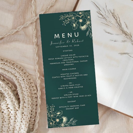 Menu de mariage élégant vert émeraude