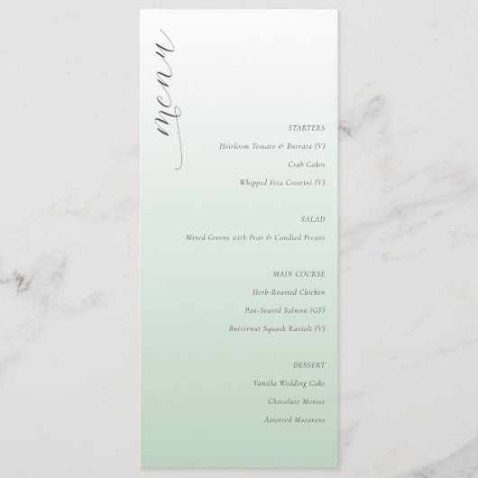 Menu de mariage élégant vert pastel calme (Devant)