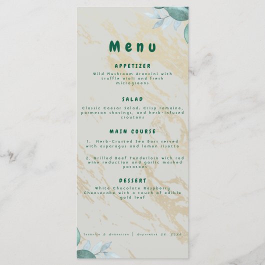 Menu de mariage élégant vert sauge et or (Devant)