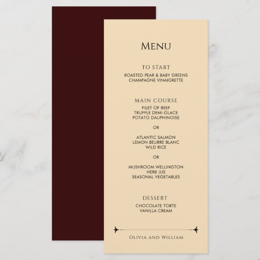 Menu de mariage élégant victorien rouge or (Devant / Derrière)