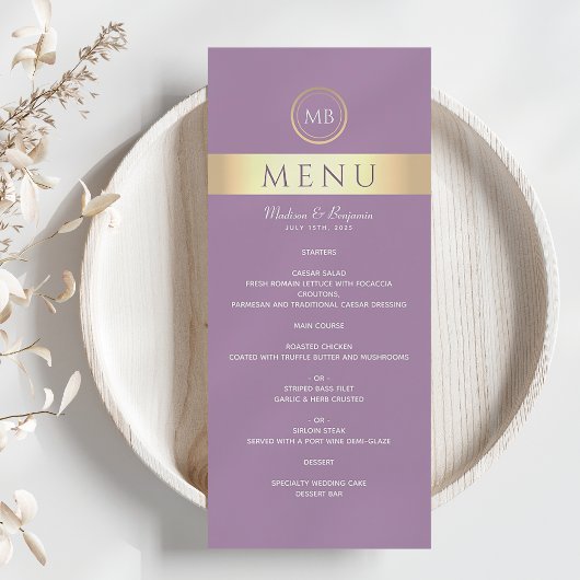 Menu de mariage élégant violet