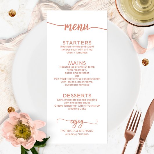 Menu de mariage élégante calligraphie rose gold