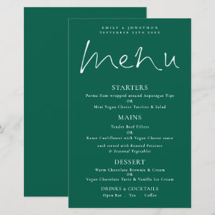 Menu de mariage émeraude à l'écriture élégante et 