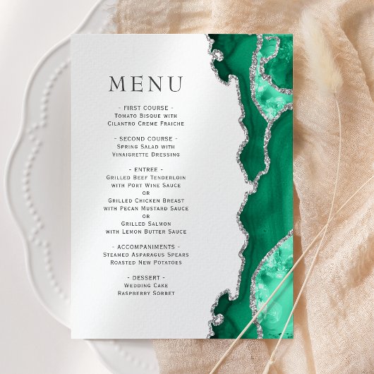 Menu de mariage en agate argentée vert mousse
