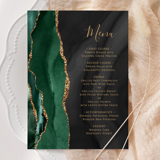 Menu de mariage en agate noir or vert émeraude