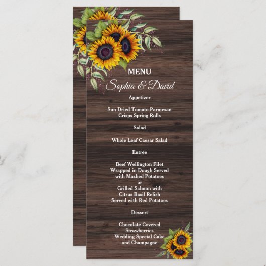 Menu de mariage en bois romantique aux tournesols (Devant / Derrière)