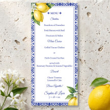 Menu de mariage en carreaux bleus au citron Amalfi