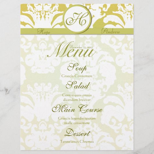 Menu de mariage en damassé vert citron et or avec (Devant)
