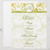 Menu de mariage en damassé vert citron et or avec (Devant / Derrière)