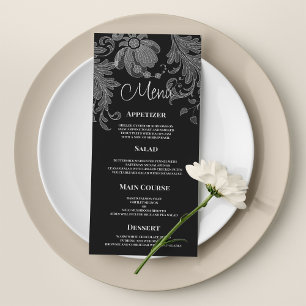 Menu de mariage en dentelle florale noire et blanc