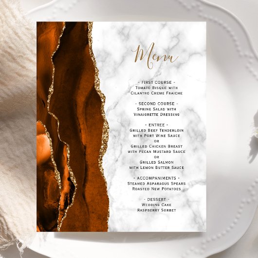 Menu de mariage en marbre agate orange brûlé doré