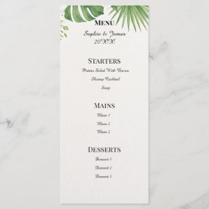 Menu de mariage en marbre avec feuilles de palmier