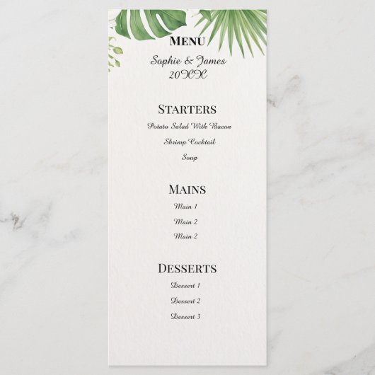 Menu de mariage en marbre avec feuilles de palmier (Devant)