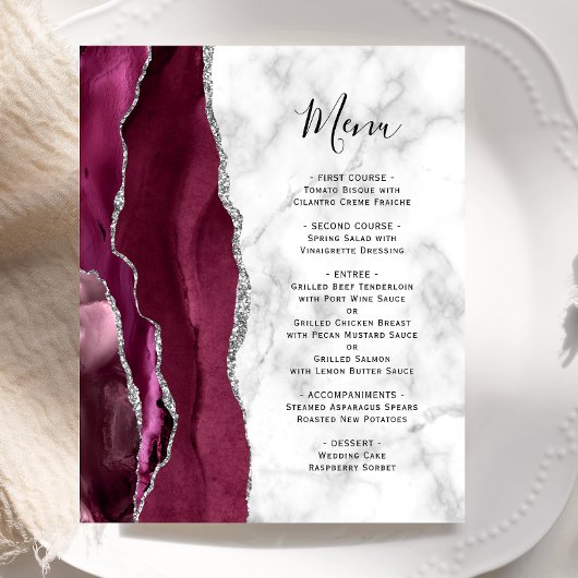 Menu de mariage en marbre d'agate argenté de Bourg