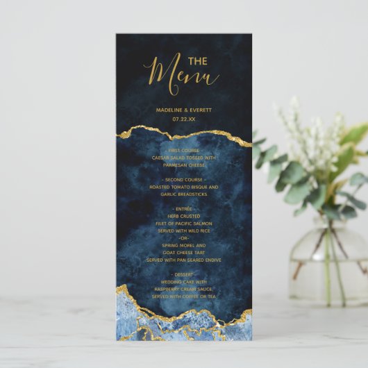 Menu de mariage en marbre d'agate bleu marine à fe (Debout devant)
