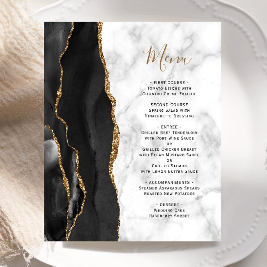 Menu de mariage en marbre d'agate noir or budget