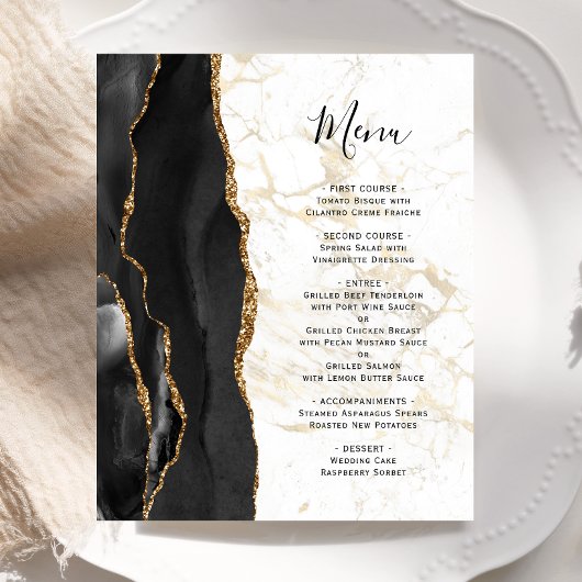 Menu de mariage en marbre d'agate noir or ornement
