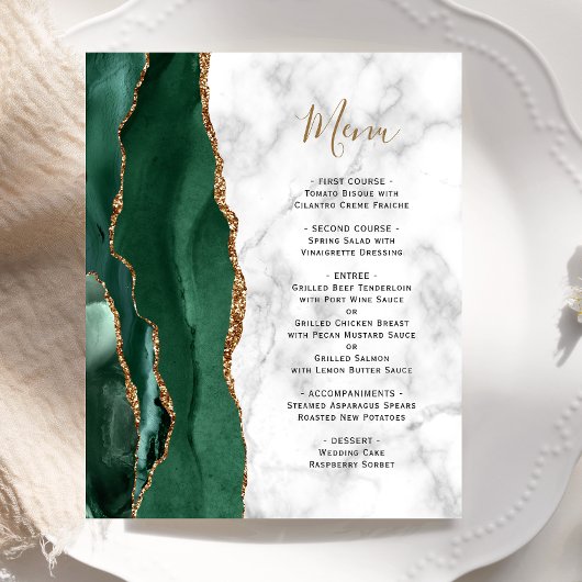 Menu de mariage en marbre d'agate vert émeraude à