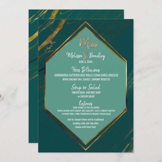 Menu de mariage en marbre géométrique or vert émer (Devant / Derrière)