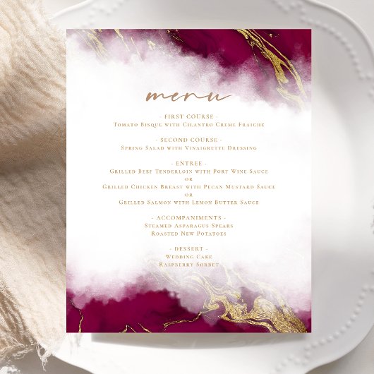 Menu de mariage en marbre rouge Bourgogne doré