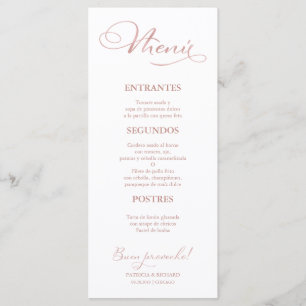 Menu de mariage en or rose, texte espagnol